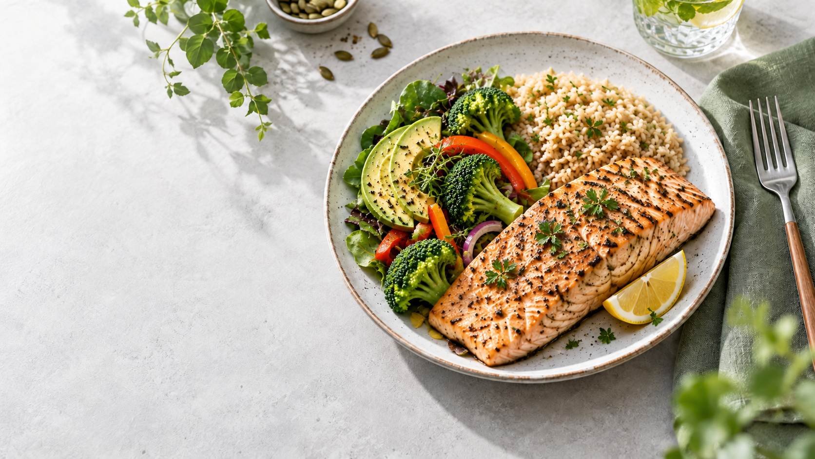 A satisfying plate with a generous portion of salmon, vegetables, avocado and rice