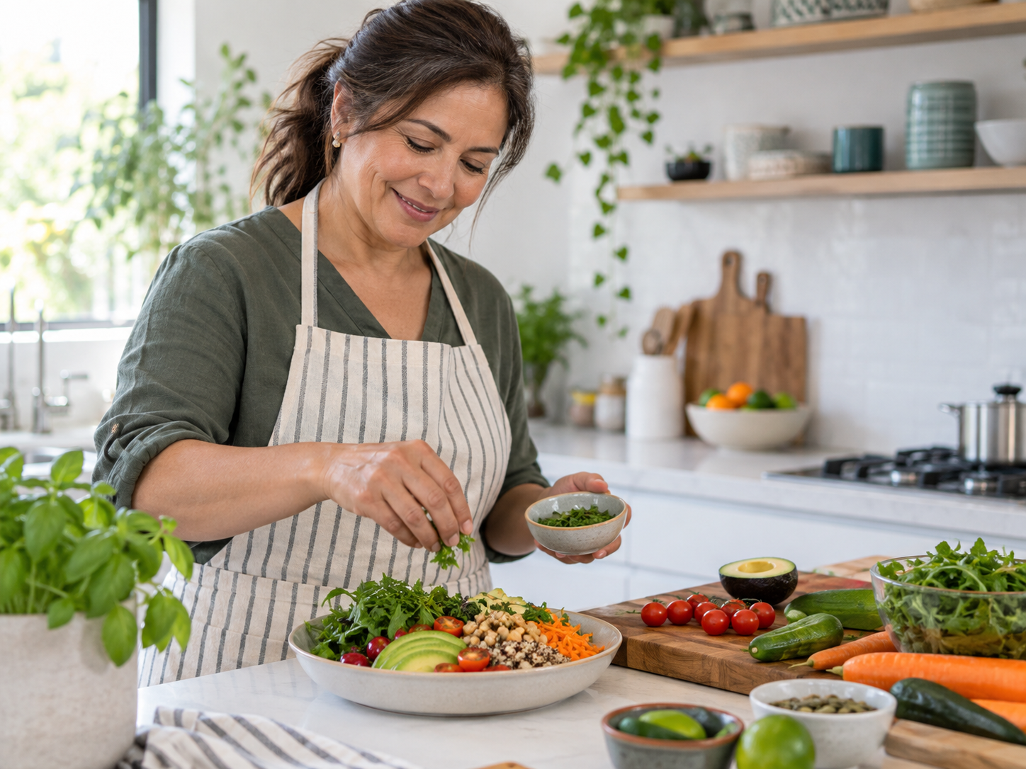 A woman preparing a fresh meal in her kitchen
