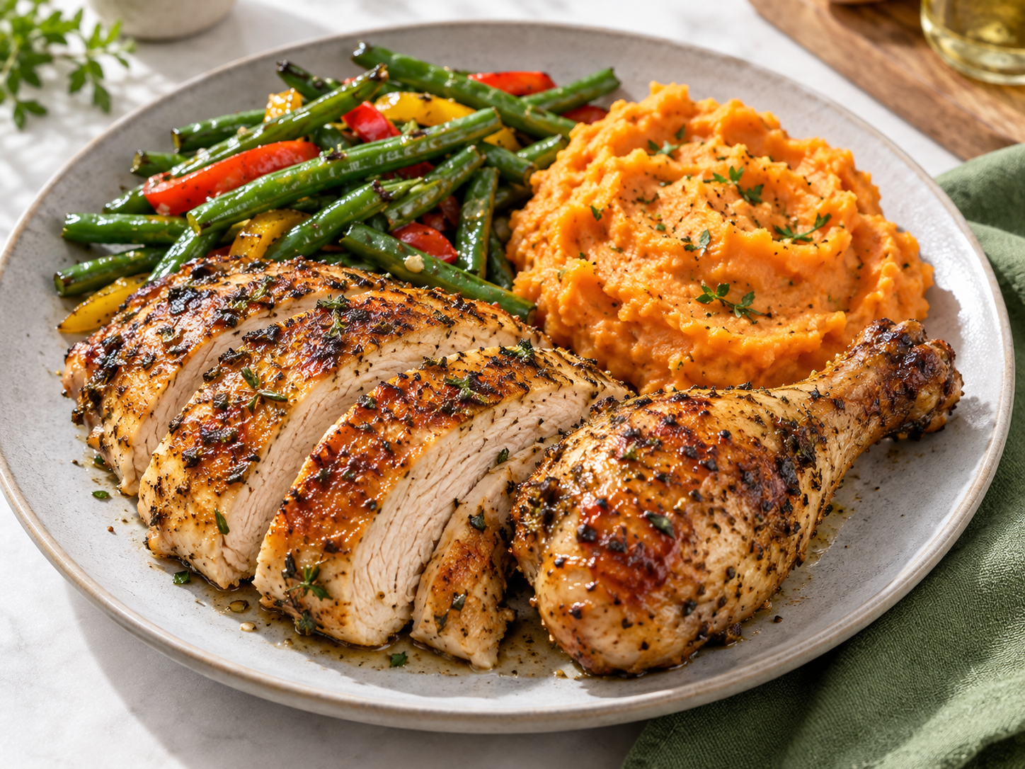 A satisfying plate of roast chicken with green beans, peppers and mashed sweet potato