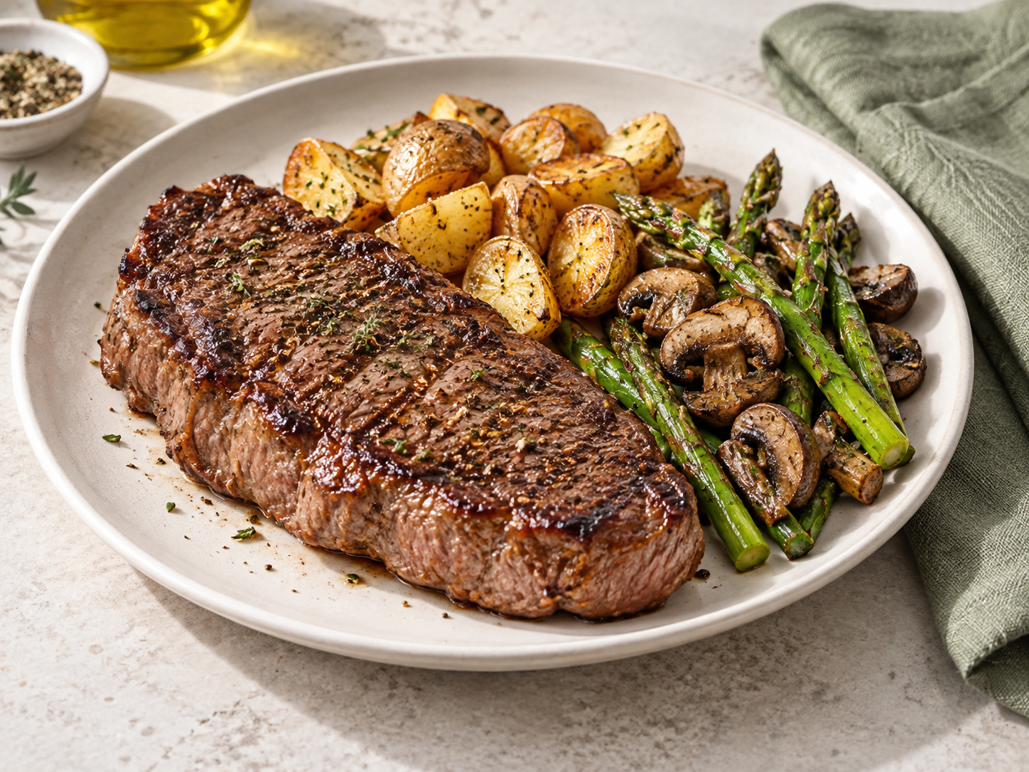 A satisfying plate of grilled steak with asparagus, mushrooms and roasted potatoes